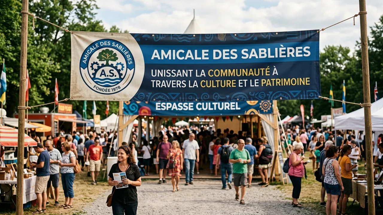 Bannière institutionnelle de l'Amicale des Sablières déployée lors d'un rassemblement communautaire